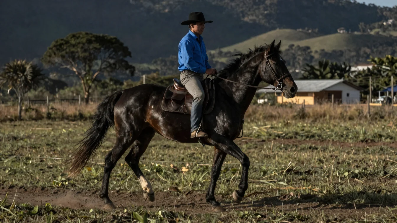 Caballo criollo colombiano en trocha, fotografía ecuestre documental en un potrero del Valle del Cauca, luz natural de t