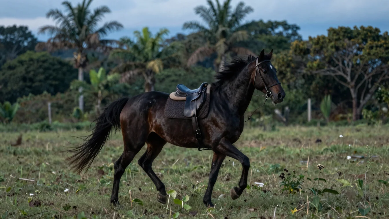 Caballo criollo colombiano al galope en campo abierto, fotografía ecuestre de teleobjetivo con luz natural de mañana, ve