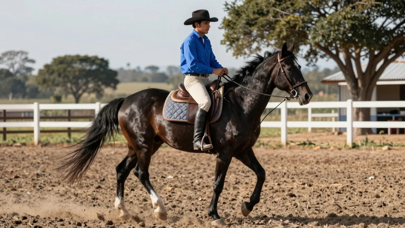 Caballo criollo colombiano al trote en paddock rural, fotografía editorial con luz natural clara, encuadre medio que mue