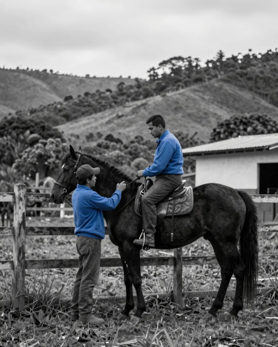 Persona local en ropa práctica de trabajo revisando un caballo criollo colombiano en un corral rural del Valle del Cauca