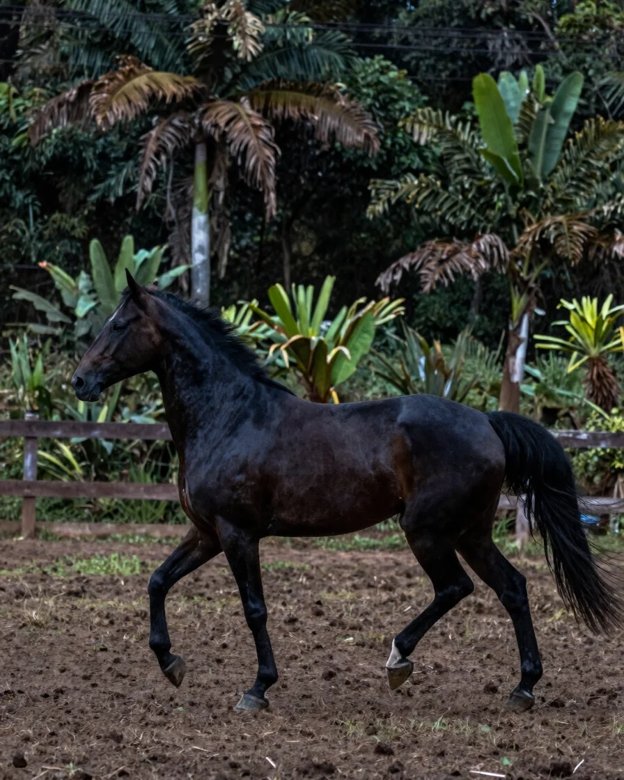 Ejemplar de caballo criollo colombiano en movimiento de perfil, f