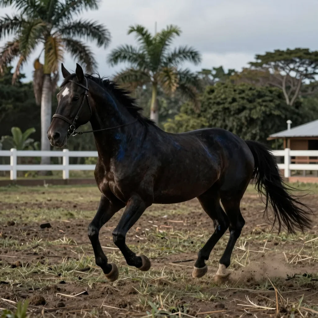 Detalle de patas de caballo criollo colombiano en movimiento de trocha y galope, luz natural, contraste sobrio, potrero