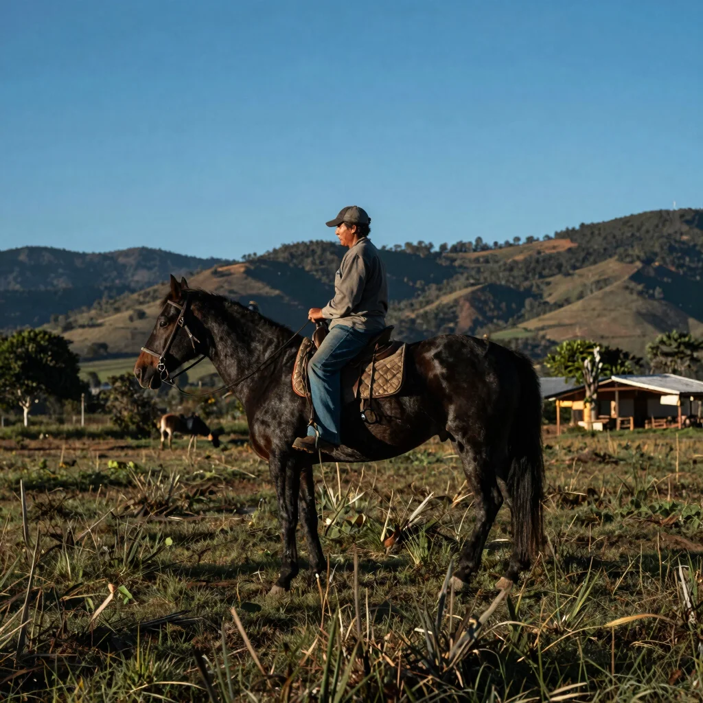 Caballo criollo colombiano en reposo en finca rural del Valle del Cauca, persona local en ropa práctica de trabajo, luz