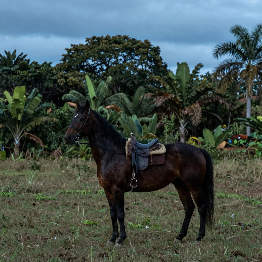 Caballo criollo colombiano de trote y galope en campo abierto, teleobjetivo, vegetación tropical, acento azul eléctrico