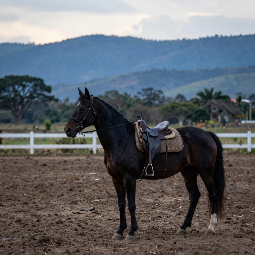 Caballo criollo colombiano de trocha en pista de tierra, teleobjetivo, luz natural de mañana, negros profundos, Valle de